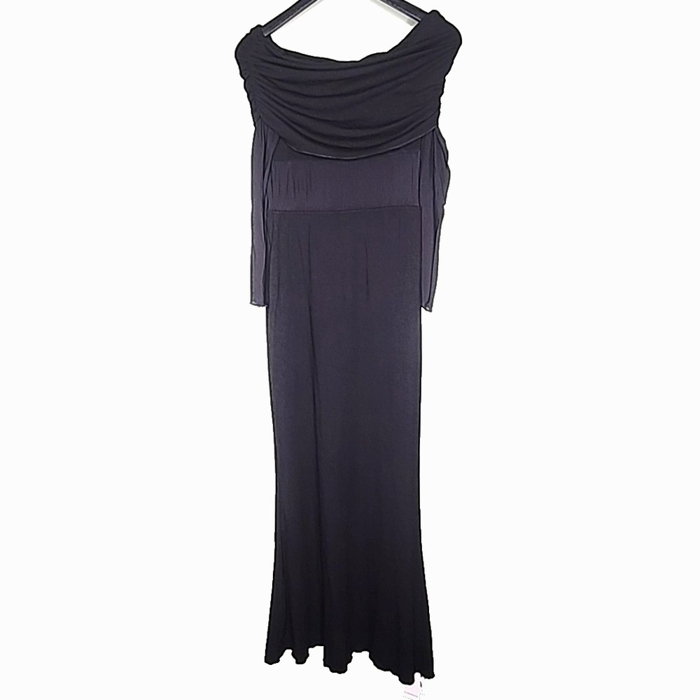 Commense Maxi Dress Black Off-Shoulder Long Sleeve Sheer Mesh Panel Minimal L